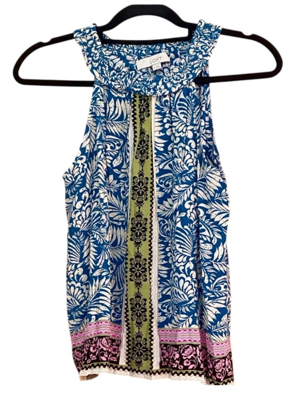 LOFT Blue Floral Paisley Border Print Sleeveless Blouse Boho Resort Top Small